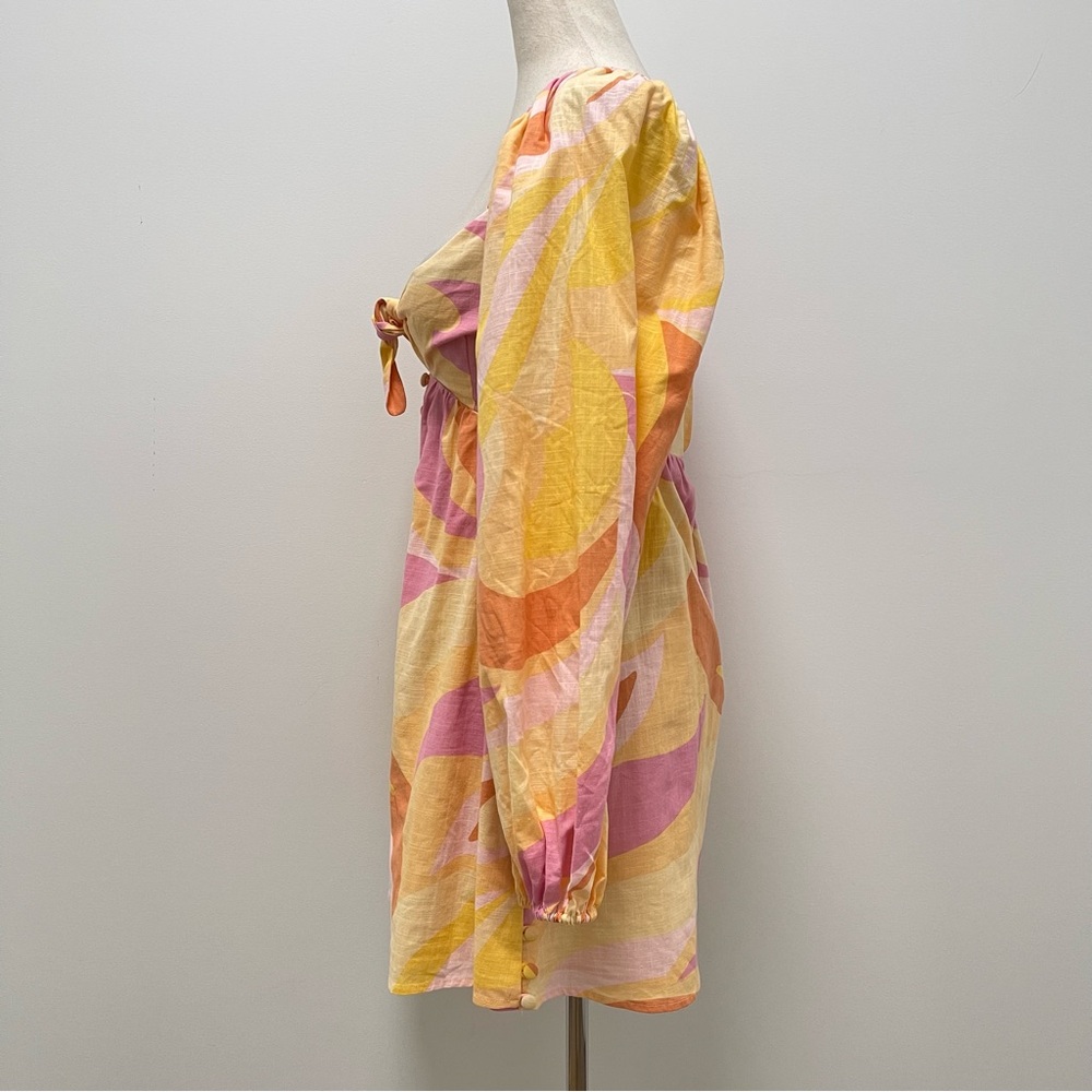 Sabo Alya Babydoll Pink Yellow Long Puff Sleeve Mini Dress Size X-Small - Picture 6 of 16